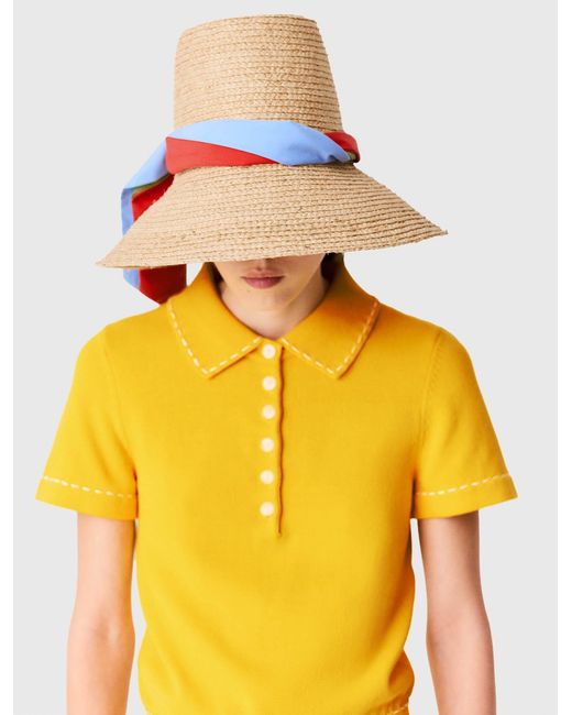 Maje White Raffia Hat With Printed Ribbon