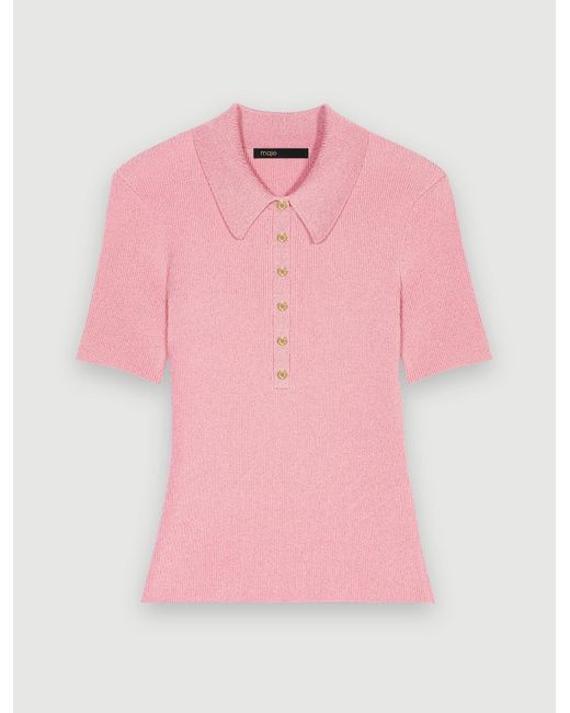 Maje Natural Woman's Viscose, Sparkly Knit Polo Shirt For Spring/summer, Size Small, In Color Pale Pink / Red
