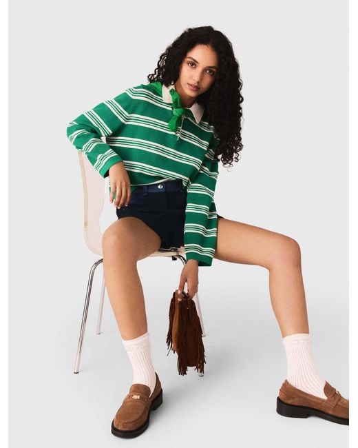 Maje Green Cropped Striped Polo Jumper