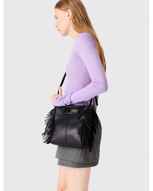 Maje Black Smooth Leather M Bag With Fringing