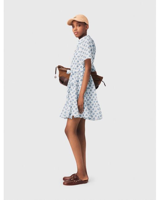 Maje White Short Patterned Linen-Blend Dress