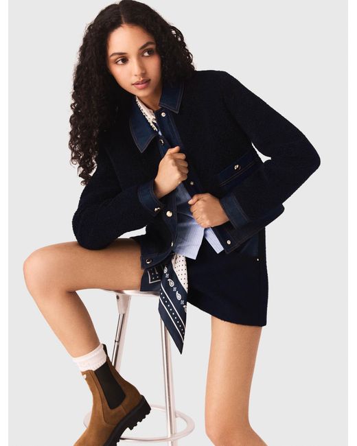 Maje Blue Bouclé And Denim-Detail Jacket