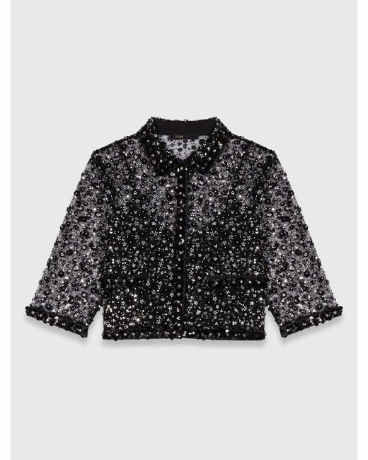 Maje White Floral Rhinestone Polo