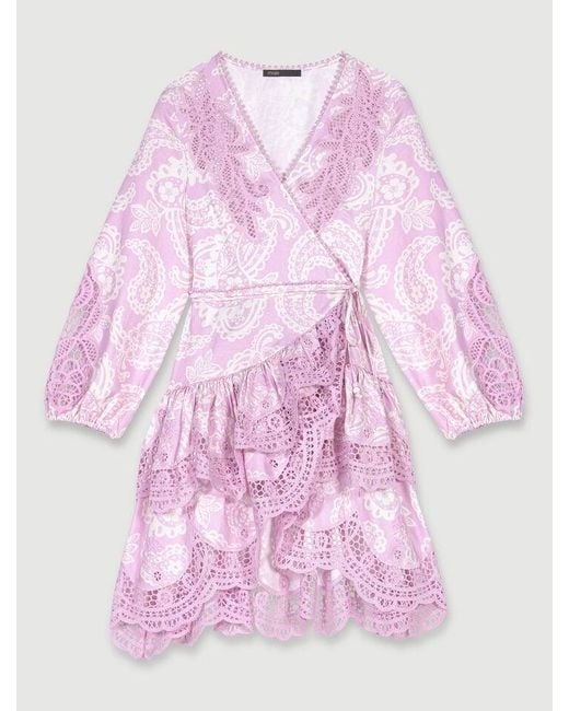 Maje Pink Patterned Linen Wrap Dress