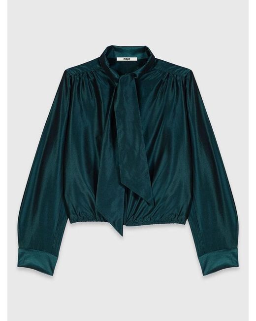 Maje Blue Satin Pussy Bow Shirt