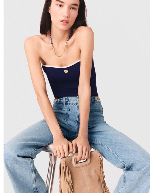 Maje Blue Contrast-Knit Bustier Top