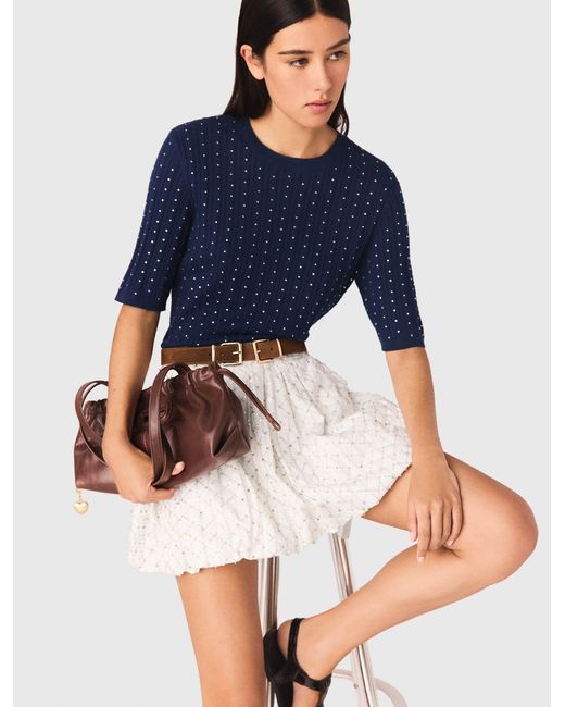 Maje Blue Round-Neck Rhinestone Jumper