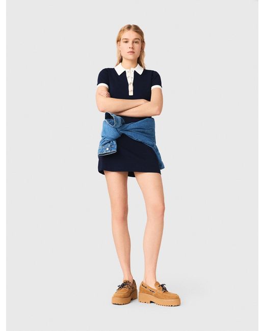Maje Blue Contrast-Trim Polo Dress
