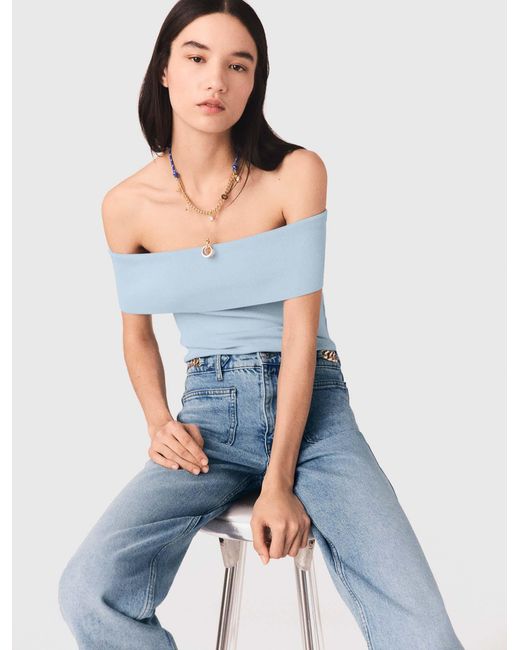 Maje Blue Bardot Rib Knit Top