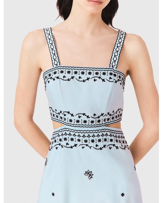 Maje Blue Embroidered Linen Blend Maxi Dress