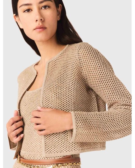 Maje Natural Rhinestone Knit Cardigan