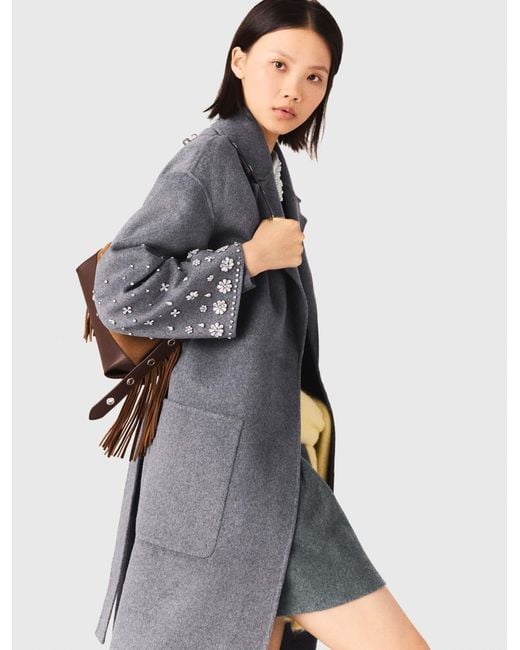 Maje White Long Double-Faced Rhinestone Coat