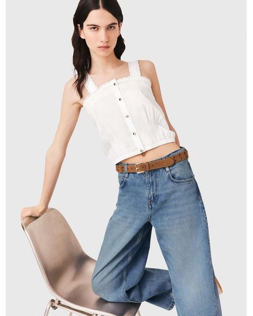 Maje Blue Crop Top With Lace Trim