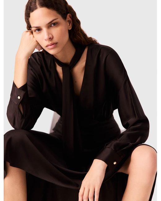 Maje Black Asymmetrical Satin Midi Dress