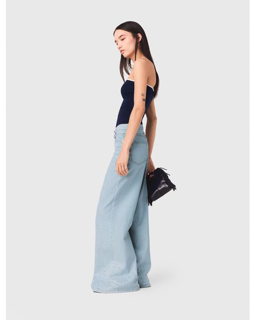 Maje Blue Wide-Leg Rhinestone Jeans