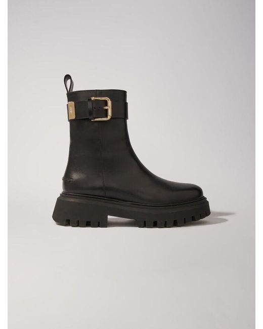 Maje Black Leather Ankle Boots With Buckles