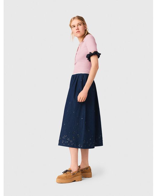 Maje Blue Embroidered Denim Midi Skirt