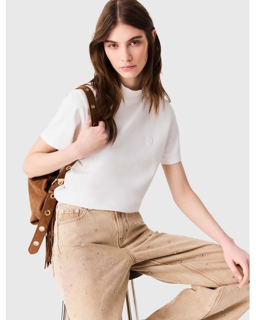 Maje Natural Crew Neck T-Shirt With Back Zip