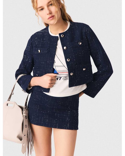 Maje Blue Short Jacket With Patch Pockets