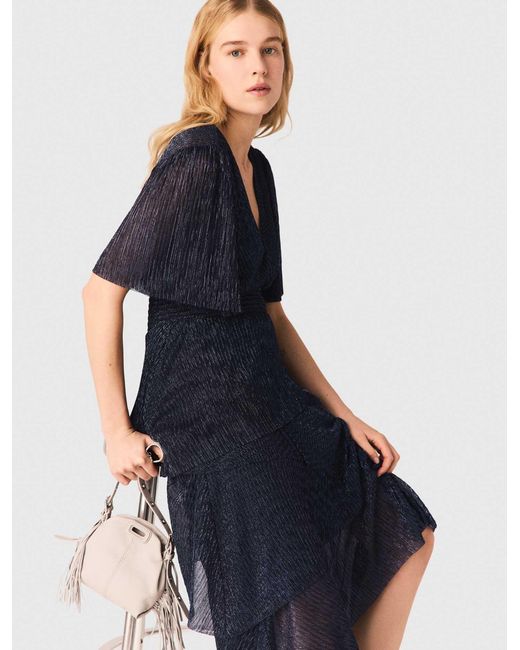 Maje Blue Metallic Ruffled Midi Dress