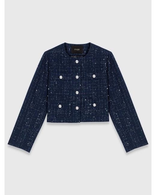 Maje Blue Short Jacket With Patch Pockets