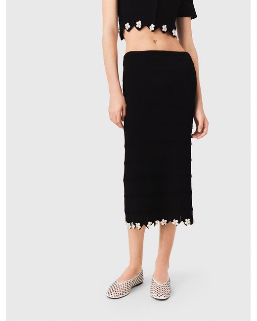 Maje Black Knit Skirt With Jewelled Flowers