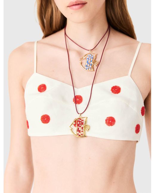 Maje White Embroidered Linen And Silk Crop Top