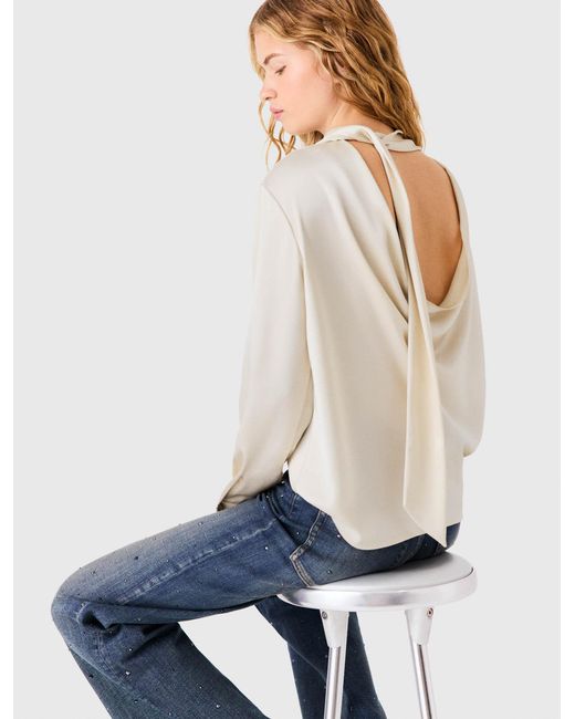 Maje Blue Satin Blouse With Draped Back