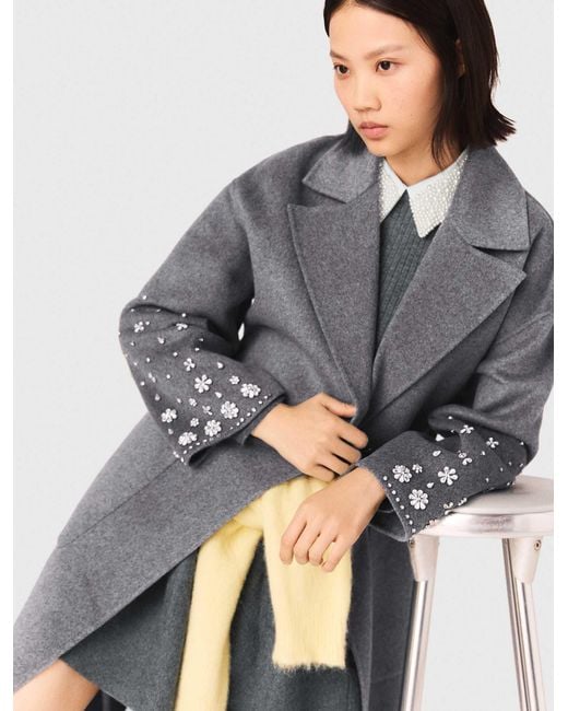 Maje White Long Double-Faced Rhinestone Coat