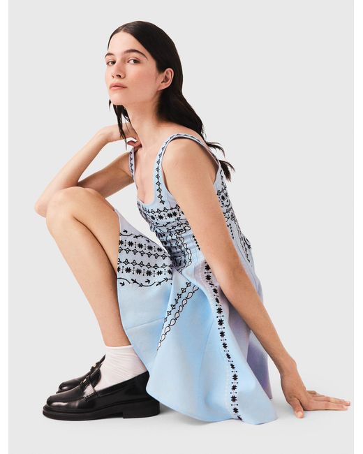 Maje Blue Short Embroidered Linen-Blend Dress