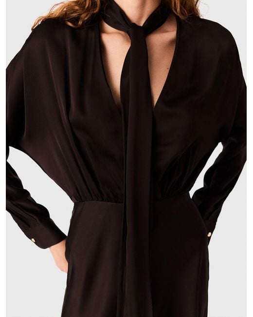 Maje Black Asymmetrical Satin Midi Dress