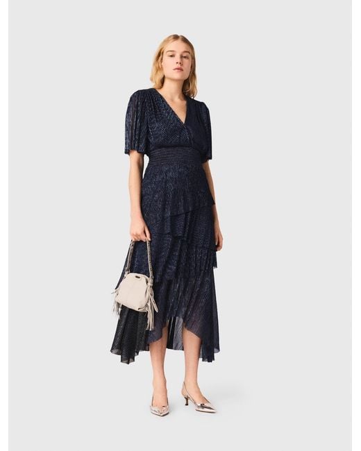 Maje Blue Metallic Ruffled Midi Dress