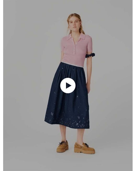 Maje Blue Embroidered Denim Midi Skirt