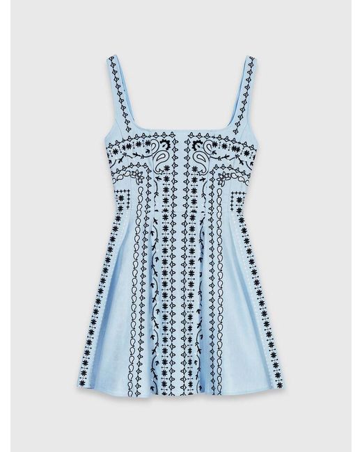 Maje Blue Short Embroidered Linen-Blend Dress