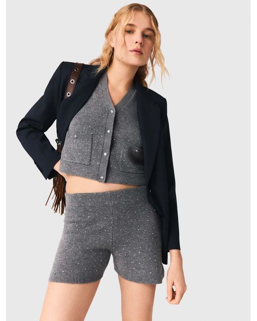 Maje Black Knit Shorts With Rhinestones