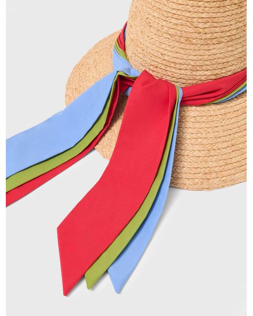 Maje White Raffia Hat With Printed Ribbon