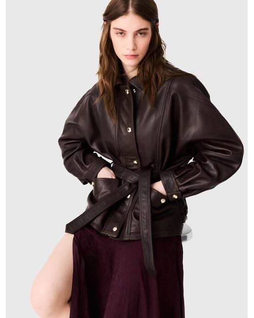 Maje Brown Oversize-Button Leather Jacket