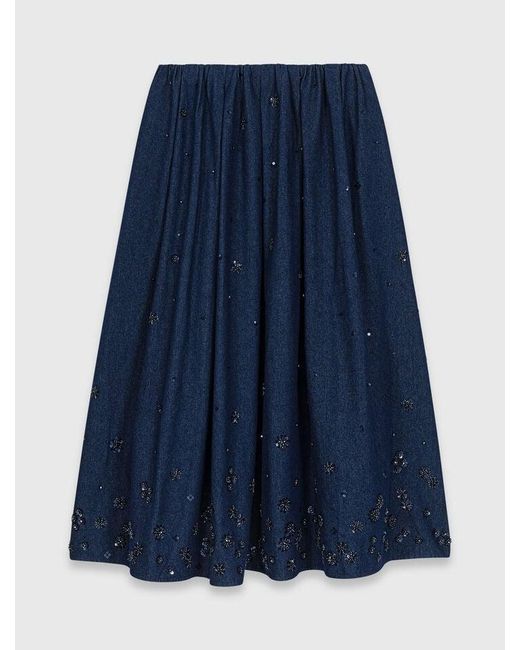 Maje Blue Embroidered Denim Midi Skirt