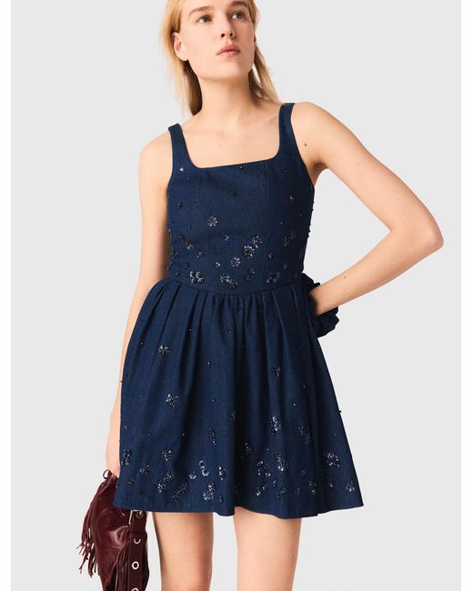 Maje Blue Flared Embroidered Denim Dress