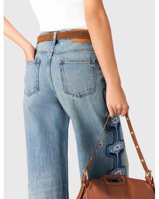 Maje Blue Floral Embroidered Wide-Leg Jeans