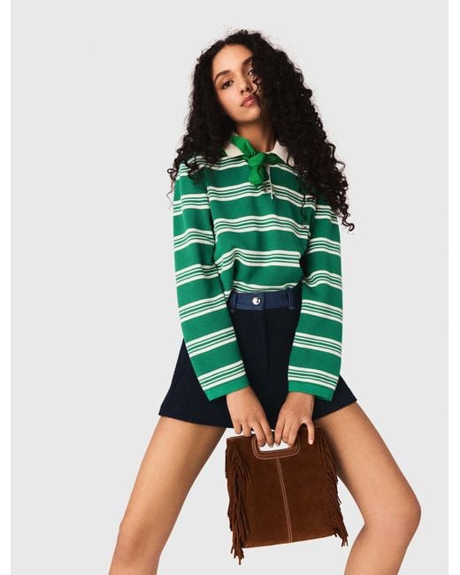 Maje Green Cropped Striped Polo Jumper