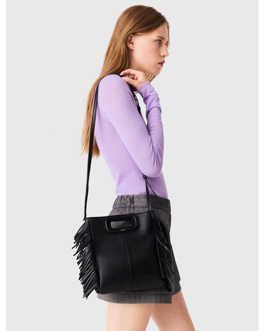 Maje Black Smooth Leather M Bag With Fringing