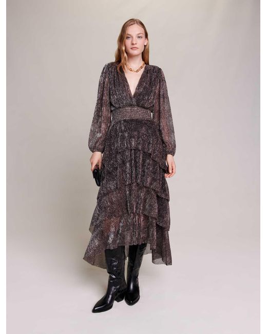 Maje Ruffled Maxi Dress in Brown | Lyst