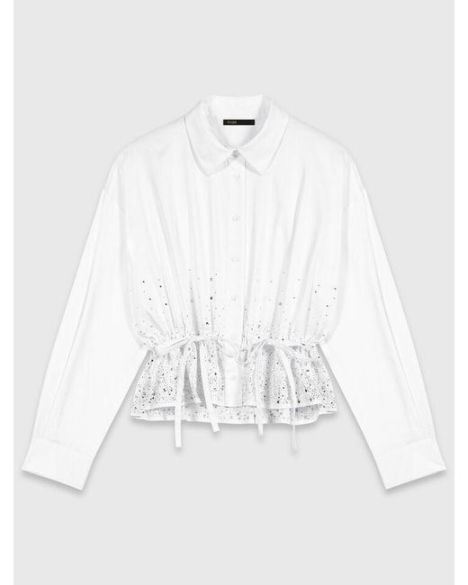 Maje White Cotton Shirt With Rhinestones