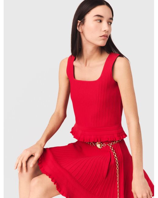 Maje Red Ruffled Knit Top