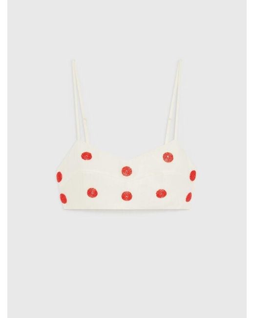 Maje White Embroidered Linen And Silk Crop Top