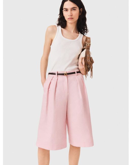 Maje Pink Pleated Linen Blend Bermuda Shorts