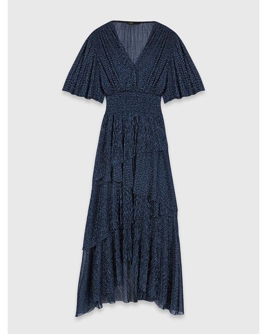 Maje Blue Metallic Ruffled Midi Dress