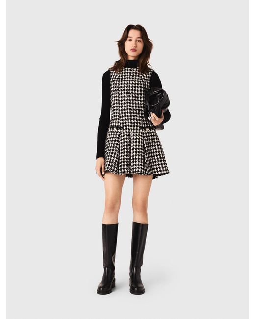Maje Black Flared Houndstooth Tweed Dress