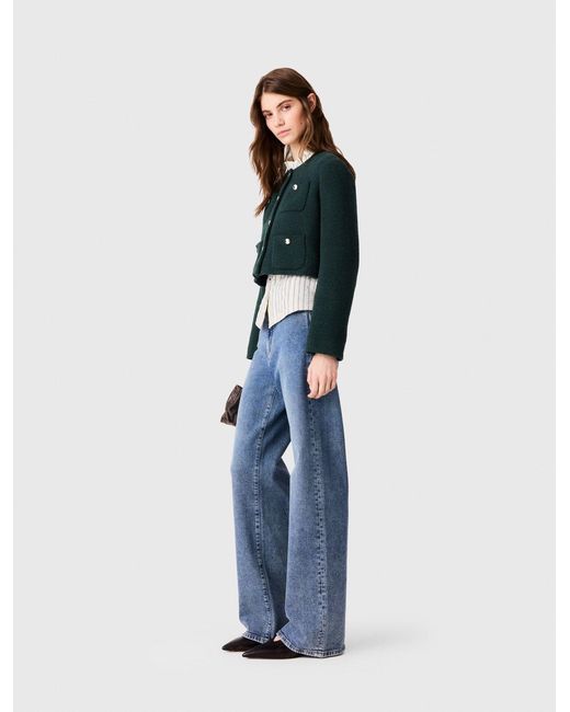 Maje Blue Tweed Jacket With Fringe Trim
